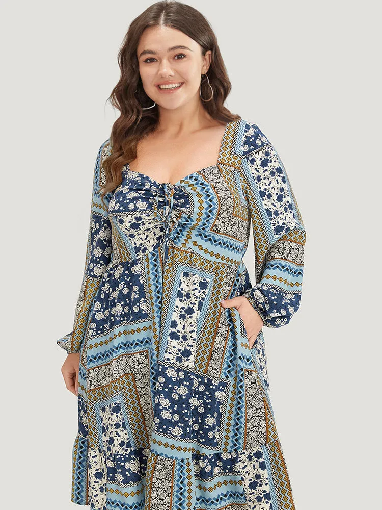 Bandana Print Patchwork Ties Pocket Lantern Sleeve Dress sold by Bloomchic product image thumbnail 5