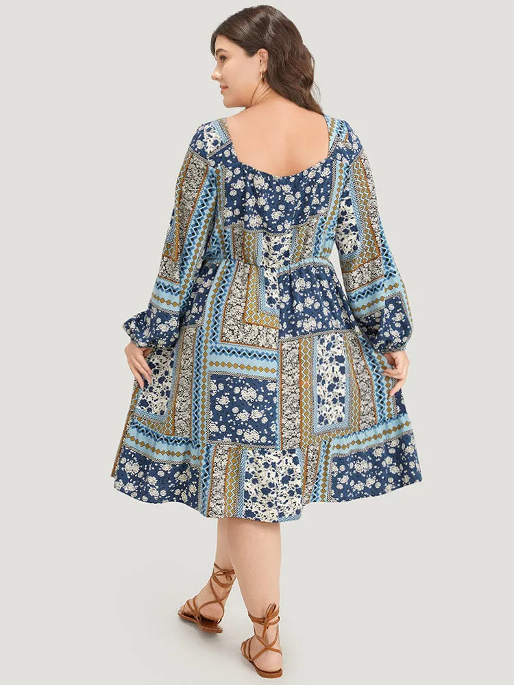 Bandana Print Patchwork Ties Pocket Lantern Sleeve Dress sold by Bloomchic product image thumbnail 2