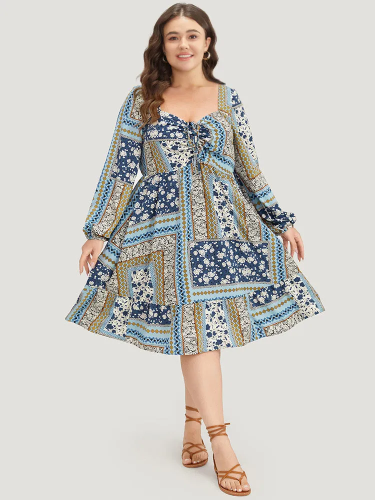 Bandana Print Patchwork Ties Pocket Lantern Sleeve Dress sold by Bloomchic product image thumbnail 3