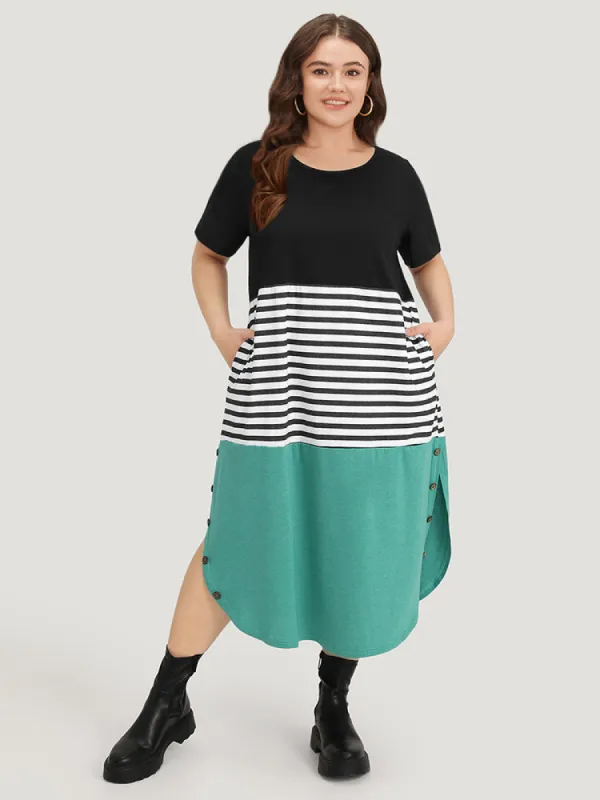 Supersoft Essentials Striped Colorblock Arc Hem Button Detail Dress sold by Bloomchic