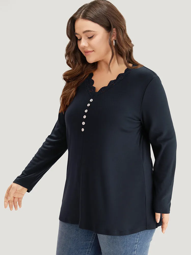 Guipure Lace Patchwork V Neck Button Detail T-shirt sold by Bloomchic product image thumbnail 3