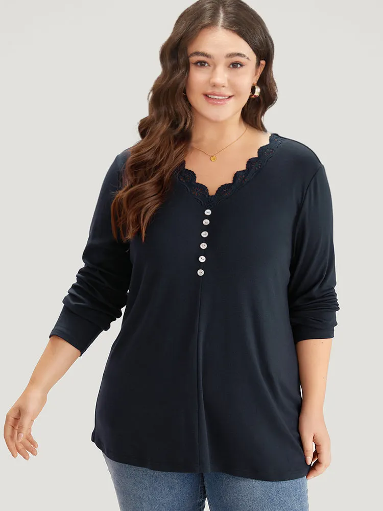 Guipure Lace Patchwork V Neck Button Detail T-shirt sold by Bloomchic