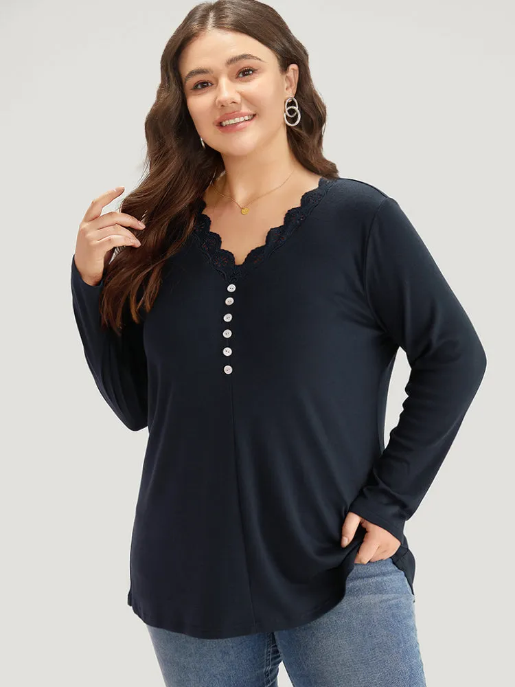 Guipure Lace Patchwork V Neck Button Detail T-shirt sold by Bloomchic product image thumbnail 5
