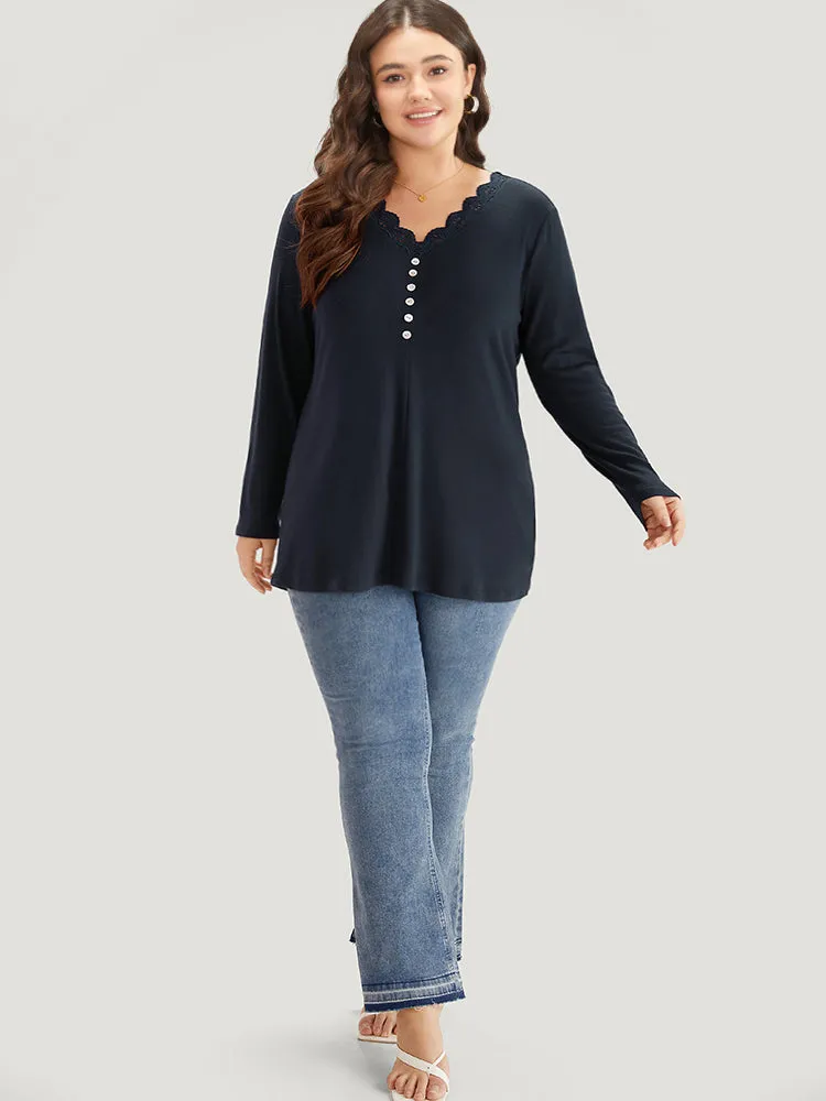 Guipure Lace Patchwork V Neck Button Detail T-shirt sold by Bloomchic product image thumbnail 4