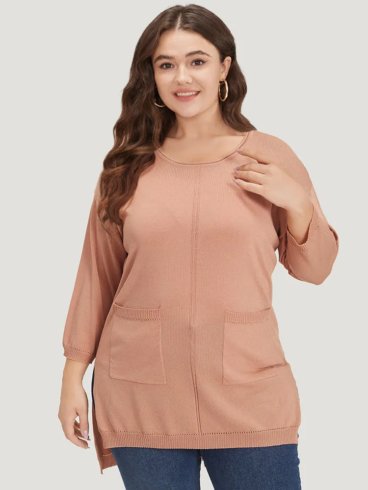 Solid Patched Pocket Split Side High Low Hem Pullover sold by Bloomchic product image thumbnail 3