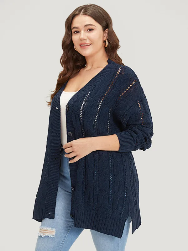 Plain Button Up Cable Knit Split Side Cardigan sold by Bloomchic
