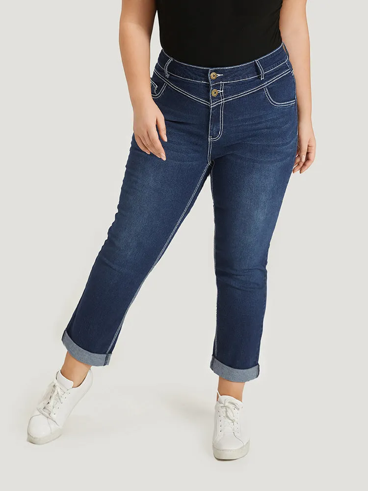 Contrast Stitch Roll Hem Straight Leg Jeans sold by Bloomchic product image thumbnail 3