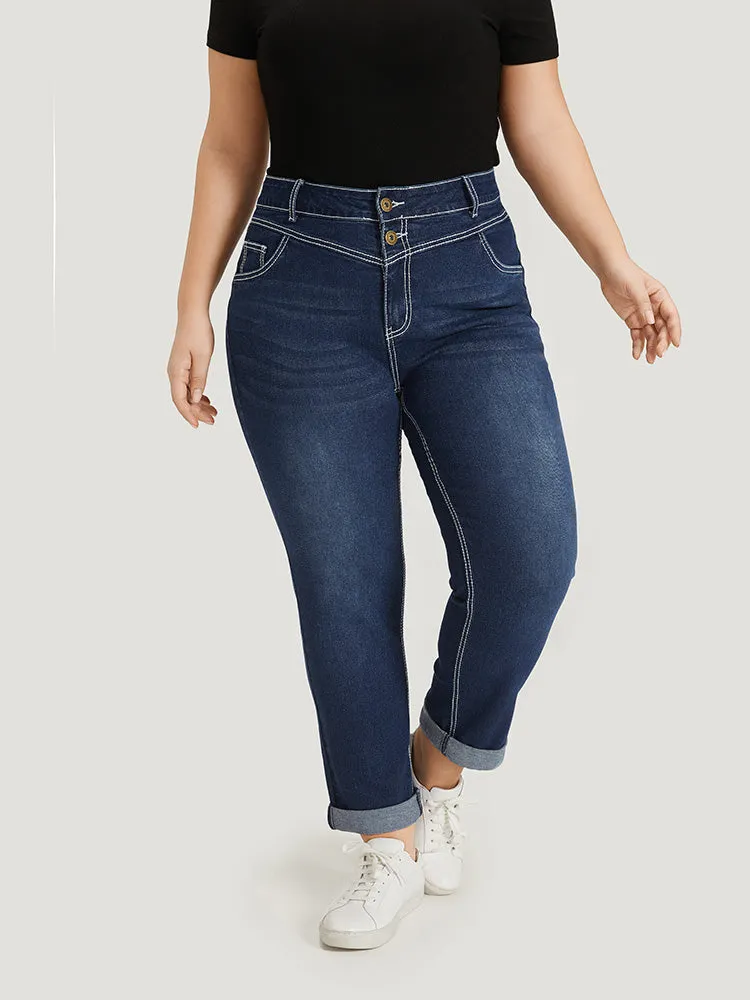 Contrast Stitch Roll Hem Straight Leg Jeans sold by Bloomchic product image thumbnail 4