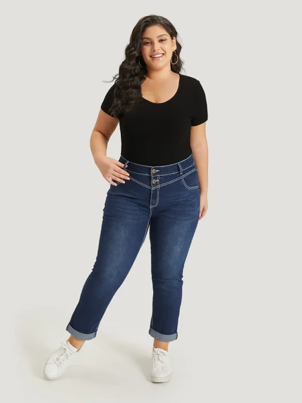 Contrast Stitch Roll Hem Straight Leg Jeans sold by Bloomchic