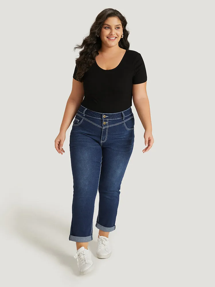 Contrast Stitch Roll Hem Straight Leg Jeans sold by Bloomchic product image thumbnail 2