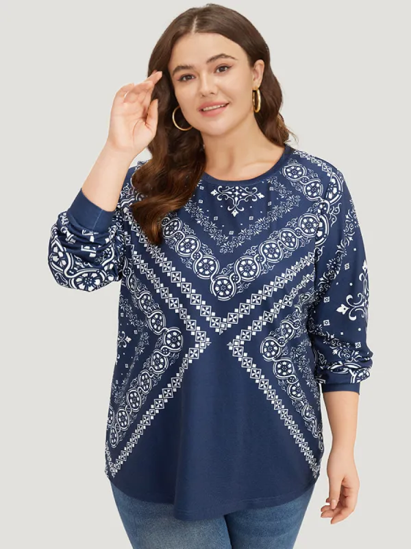 Scarf Print Round Neck Elastic Cuffs Sweatshirt sold by Bloomchic