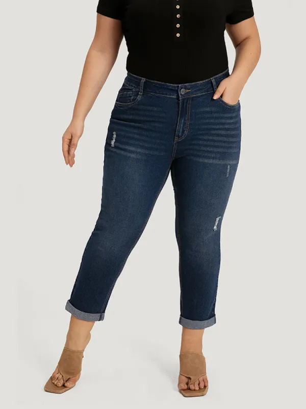 Solid Ripped Pocket Roll Hem Jeans sold by Bloomchic