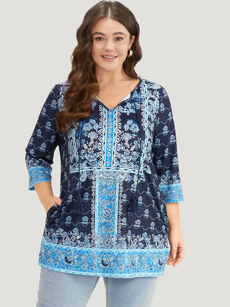 Bandana Print Pocket Tassels Tie Neck T-shirt sold by Bloomchic