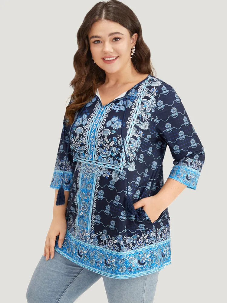 Bandana Print Pocket Tassels Tie Neck T-shirt sold by Bloomchic product image thumbnail 3