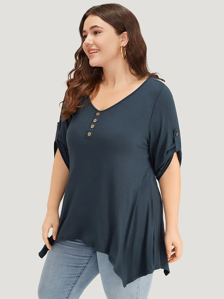 Supersoft Essentials Asymmetrical Hem Roll Sleeve Button Detail T-shirt sold by Bloomchic product image thumbnail 4