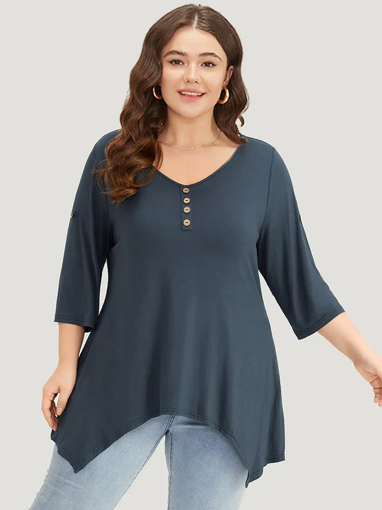 Supersoft Essentials Asymmetrical Hem Roll Sleeve Button Detail T-shirt sold by Bloomchic