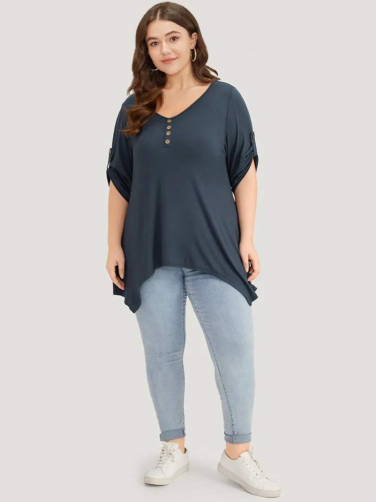 Supersoft Essentials Asymmetrical Hem Roll Sleeve Button Detail T-shirt sold by Bloomchic product image thumbnail 5