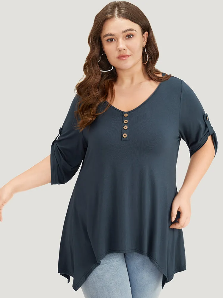 Supersoft Essentials Asymmetrical Hem Roll Sleeve Button Detail T-shirt sold by Bloomchic product image thumbnail 2