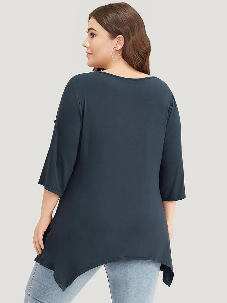 Supersoft Essentials Asymmetrical Hem Roll Sleeve Button Detail T-shirt sold by Bloomchic product image thumbnail 3