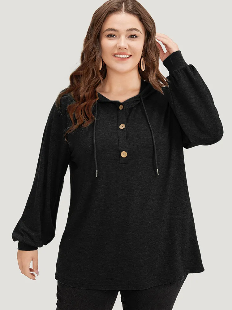 Plain Drawstring Button Up Hooded Elastic Cuffs Sweatshirt sold by Bloomchic