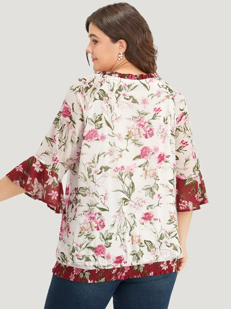 Floral Contrast Shirred Frill Trim Tie Neck Bell Sleeve Blouse sold by Bloomchic product image thumbnail 5