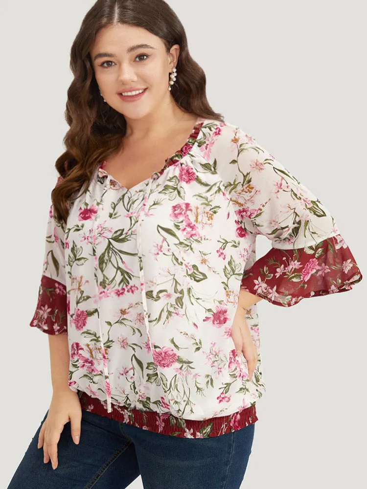 Floral Contrast Shirred Frill Trim Tie Neck Bell Sleeve Blouse sold by Bloomchic product image thumbnail 2