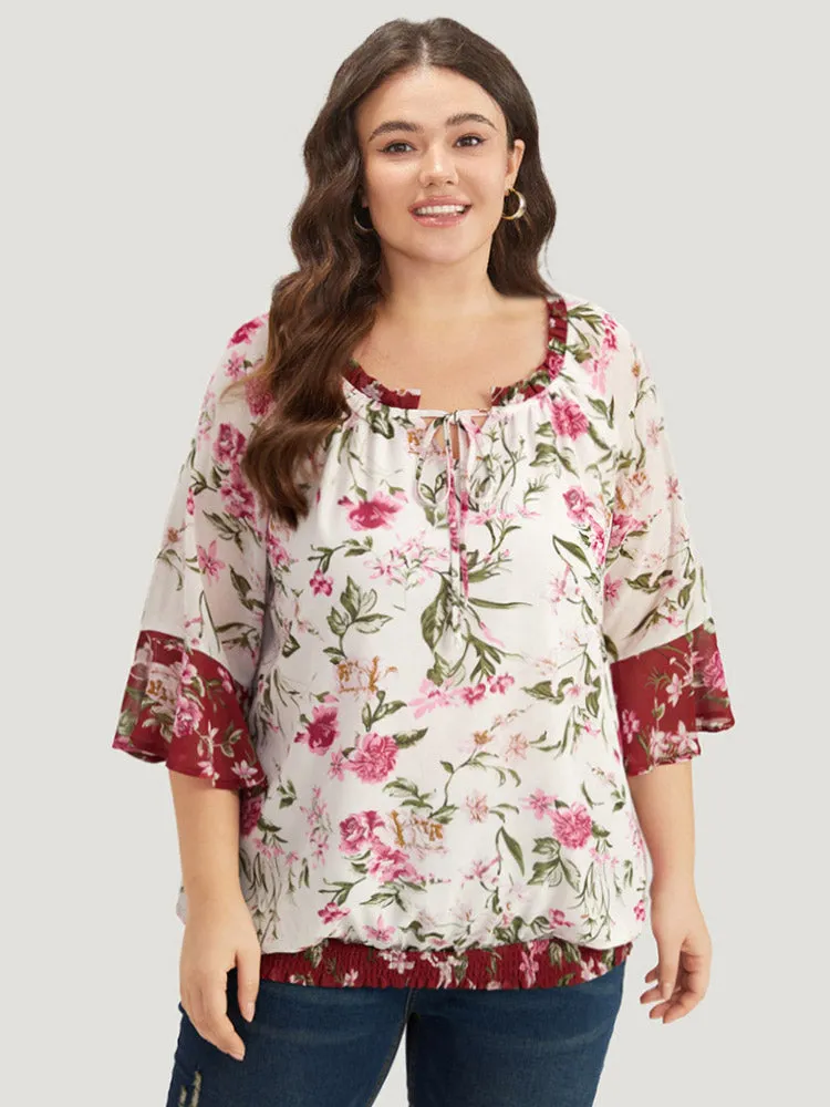 Floral Contrast Shirred Frill Trim Tie Neck Bell Sleeve Blouse sold by Bloomchic product image thumbnail 3