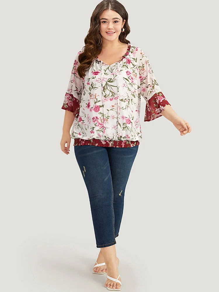 Floral Contrast Shirred Frill Trim Tie Neck Bell Sleeve Blouse sold by Bloomchic product image thumbnail 4