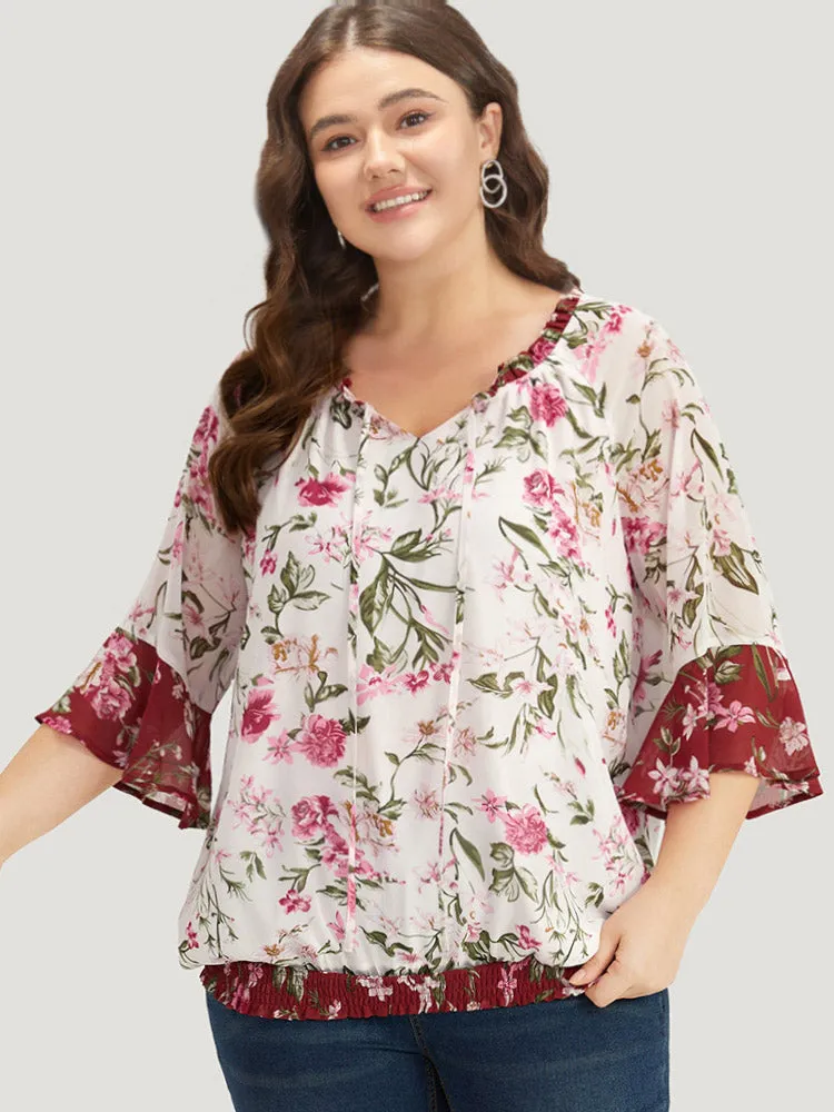 Floral Contrast Shirred Frill Trim Tie Neck Bell Sleeve Blouse sold by Bloomchic