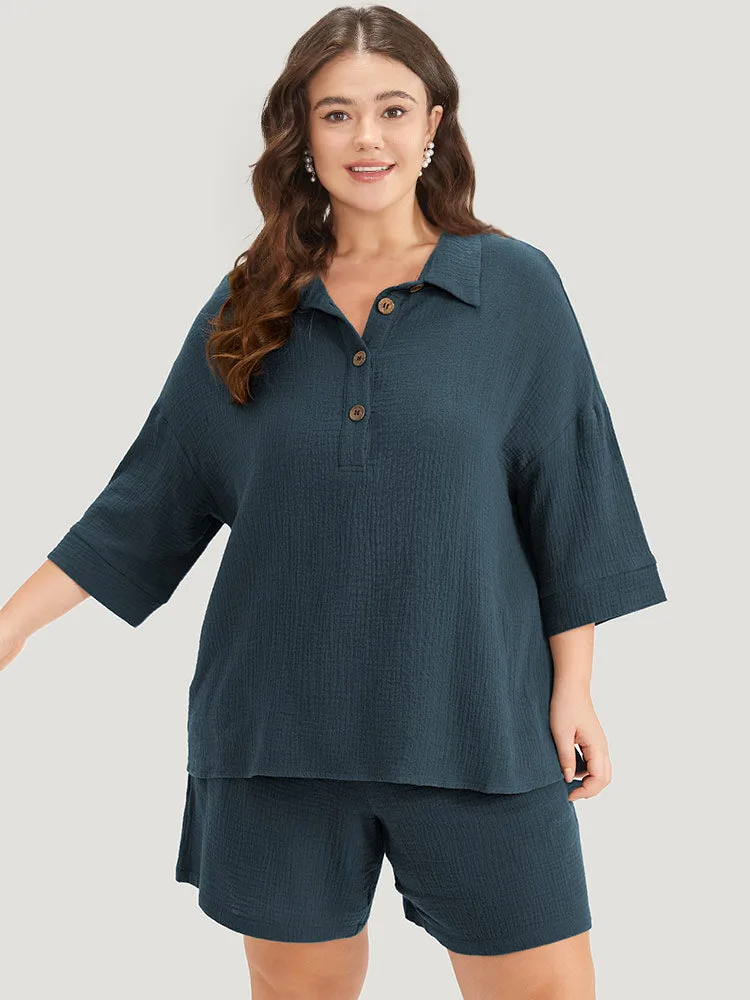 Plain Texture Button Up Shirt Collar T-shirt sold by Bloomchic