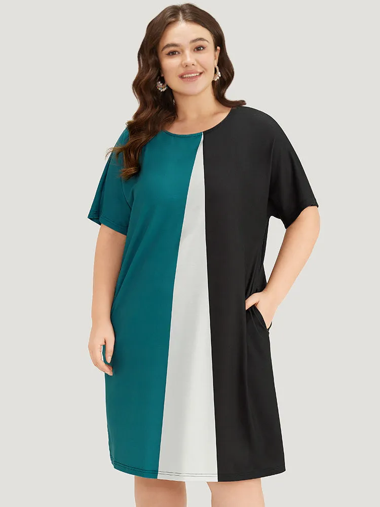 Colorblock Pocket Batwing Sleeve Contrast Patchwork Dress sold by Bloomchic