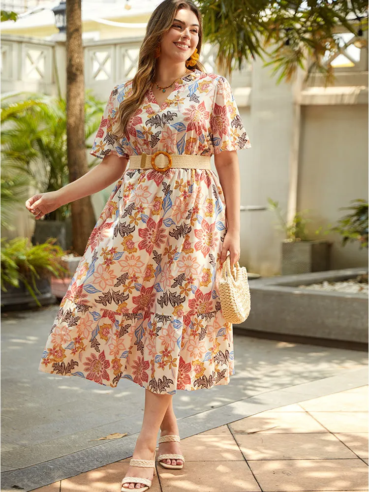Floral Print Shirred Pocket Notched Ruffled Hem Dress sold by Bloomchic