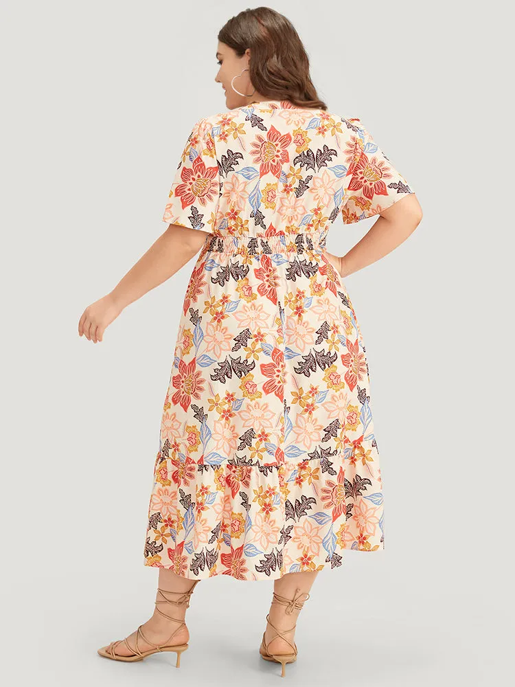 Floral Print Shirred Pocket Notched Ruffled Hem Dress sold by Bloomchic product image thumbnail 4