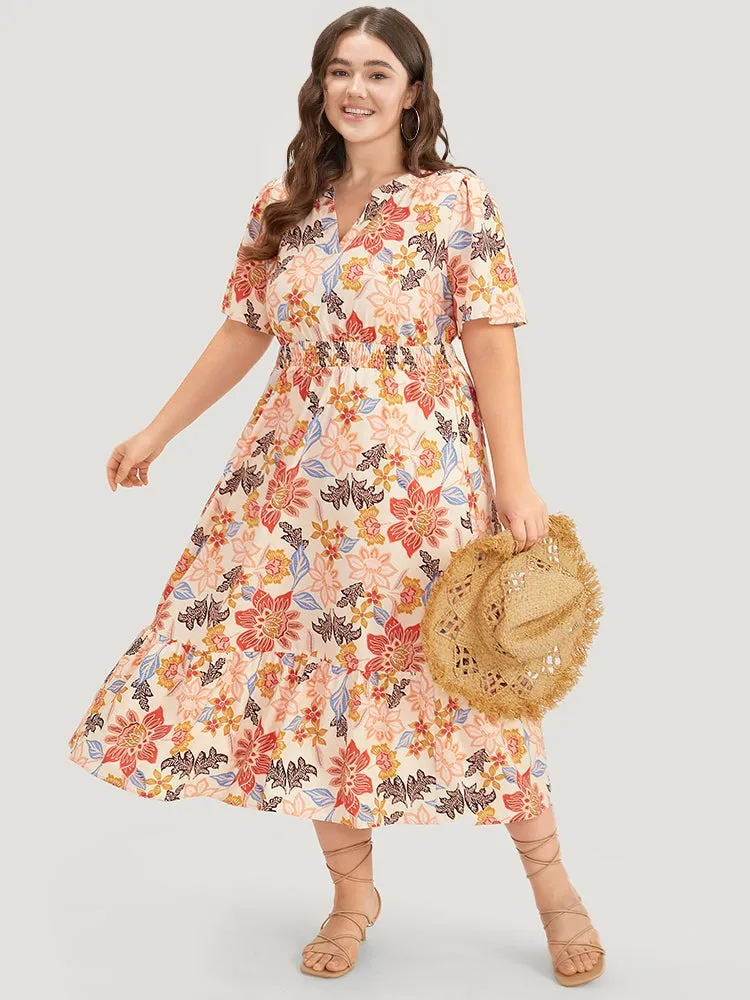 Floral Print Shirred Pocket Notched Ruffled Hem Dress sold by Bloomchic product image thumbnail 3