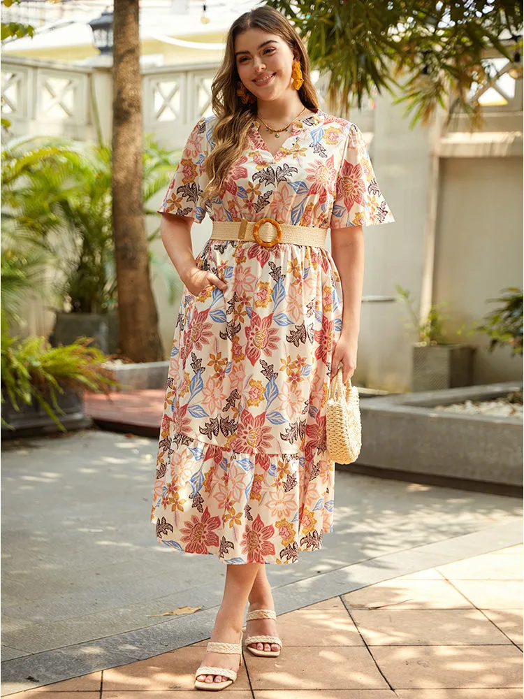 Floral Print Shirred Pocket Notched Ruffled Hem Dress sold by Bloomchic product image thumbnail 2