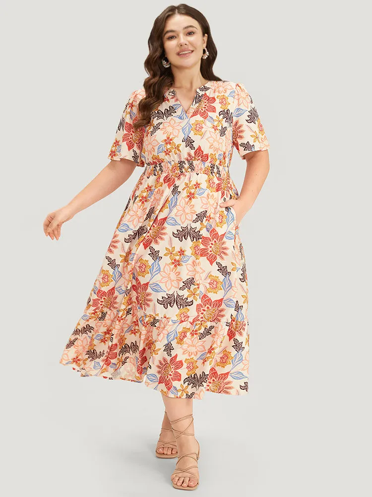 Floral Print Shirred Pocket Notched Ruffled Hem Dress sold by Bloomchic product image thumbnail 5