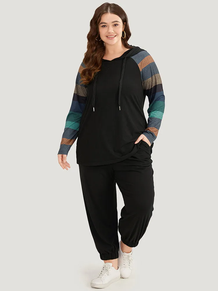Striped Patchwork Contrast Hooded Raglan Sleeve T-shirt sold by Bloomchic product image thumbnail 2