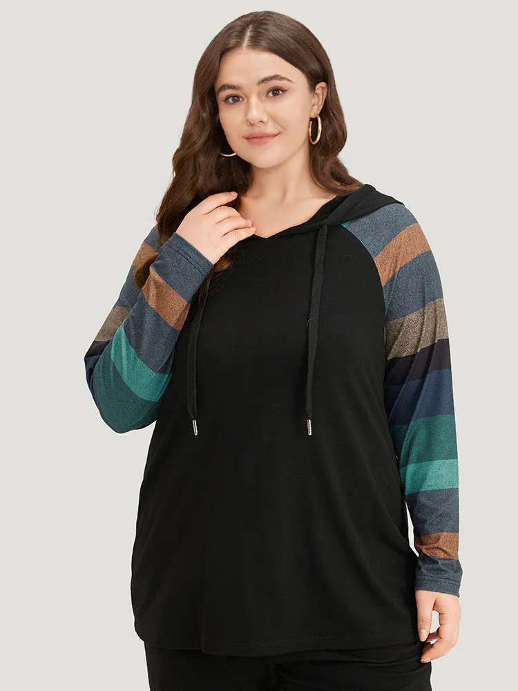 Striped Patchwork Contrast Hooded Raglan Sleeve T-shirt sold by Bloomchic