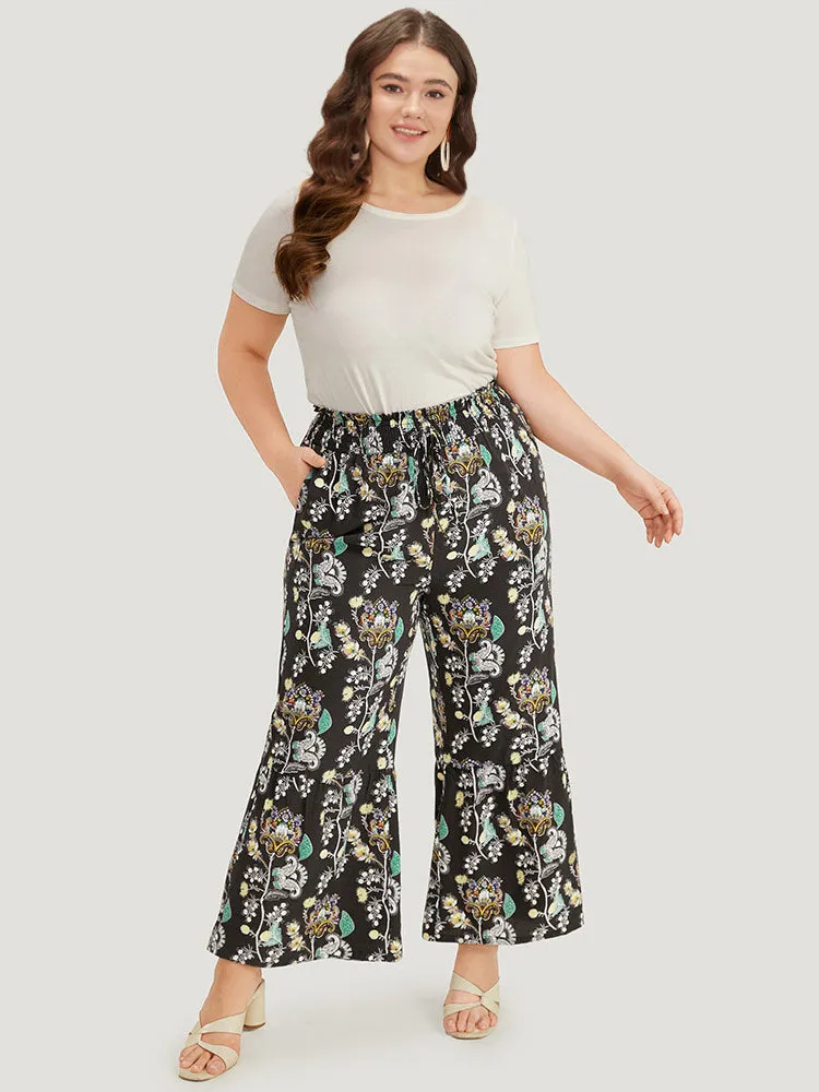 Floral Print Shirred Bootcut Ties Pocket Pants sold by Bloomchic product image thumbnail 3