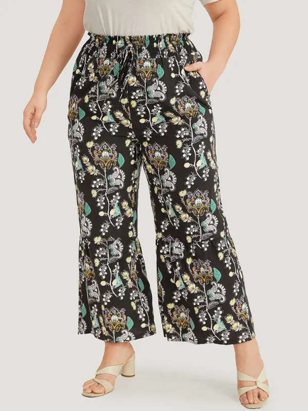 Floral Print Shirred Bootcut Ties Pocket Pants sold by Bloomchic