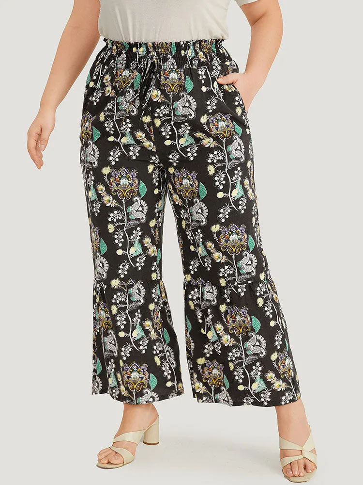 Floral Print Shirred Bootcut Ties Pocket Pants sold by Bloomchic