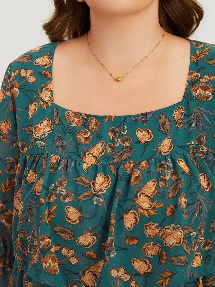 Floral Print Square Neck Layered Ruffle Trim Blouse sold by Bloomchic product image thumbnail 5