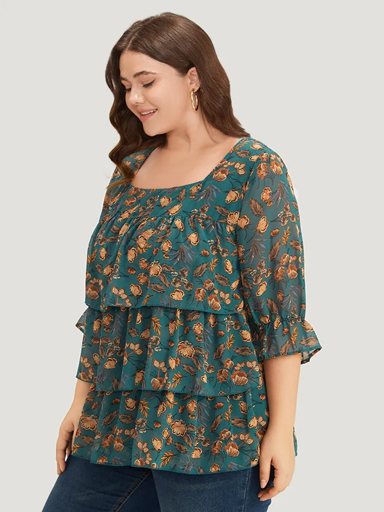 Floral Print Square Neck Layered Ruffle Trim Blouse sold by Bloomchic product image thumbnail 2
