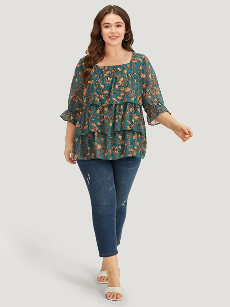 Floral Print Square Neck Layered Ruffle Trim Blouse sold by Bloomchic product image thumbnail 3