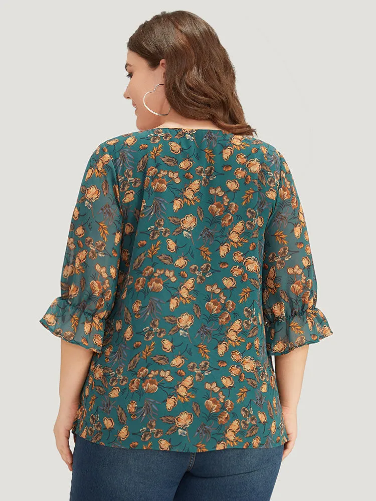 Floral Print Square Neck Layered Ruffle Trim Blouse sold by Bloomchic product image thumbnail 4