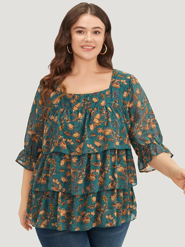 Floral Print Square Neck Layered Ruffle Trim Blouse sold by Bloomchic