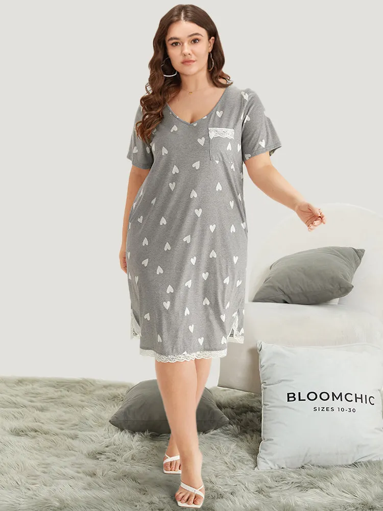 Heart Print Patched Pocket Eyelet Lace Sleep Dress sold by Bloomchic product image thumbnail 4