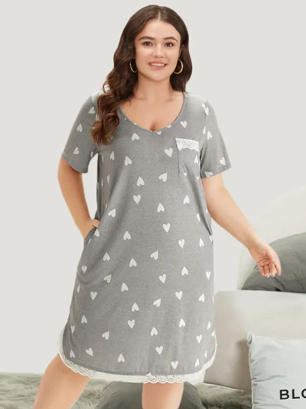 Heart Print Patched Pocket Eyelet Lace Sleep Dress sold by Bloomchic