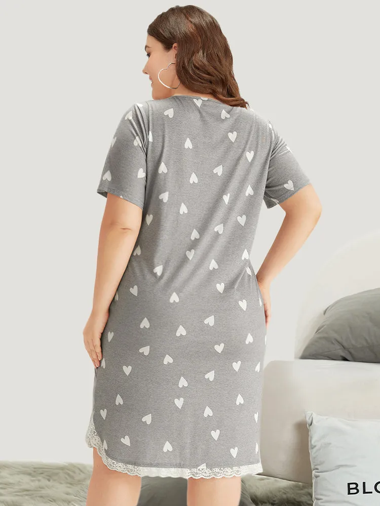 Heart Print Patched Pocket Eyelet Lace Sleep Dress sold by Bloomchic product image thumbnail 2