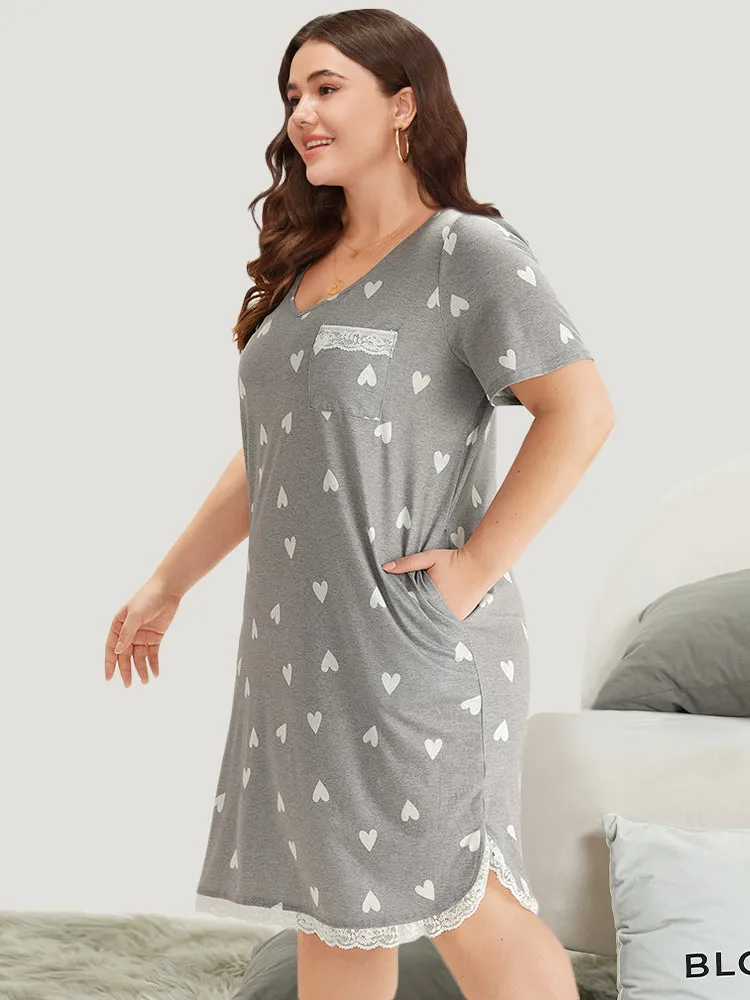Heart Print Patched Pocket Eyelet Lace Sleep Dress sold by Bloomchic product image thumbnail 3